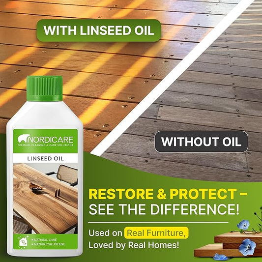 Nordicare Linseed Oil for Wood - 100% Pure & Natural Linseed Oil for Entire Indoor Area - Food-Safe Raw Linseed Oil for Wood Furniture - Underlines the Original Wood Structure - Made in Denmark 16.9oz