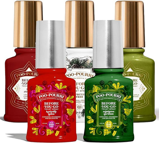 Poo-Pourri Before-You-Go Toilet Spray Holiday set, Hollyday Spice, Mistletoe Spritzes, Oh Spritzmas Tree, Berry and Bright, Balsam Bum