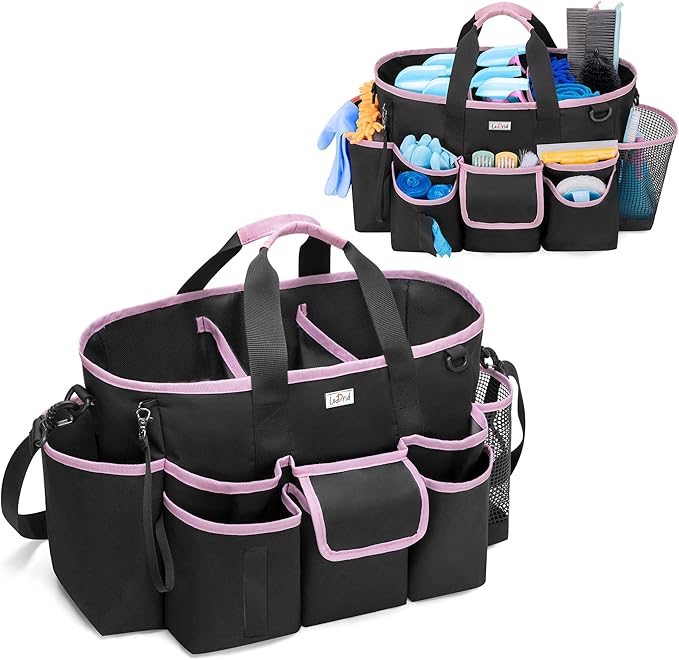 LoDrid Cleaning Caddy Bag with Handle and Shoulder Strap, Cleaning Supplies Organizer for Cleaning Work with 3 Compartments and Multifunctional Pockets, Black with Pink Edge