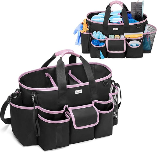 LoDrid Cleaning Caddy Bag with Handle and Shoulder Strap, Cleaning Supplies Organizer for Cleaning Work with 3 Compartments and Multifunctional Pockets, Black with Pink Edge