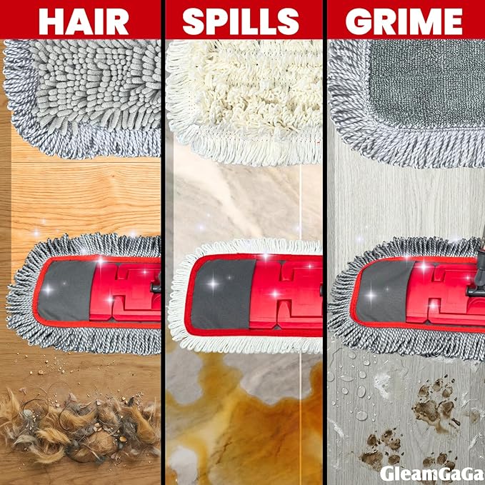 Dust Mop for Floor Cleaning with 4-in-1 Washable Pad System, Wet & Dry Multi-Purpose Mop with Built-In Scraper and Extra-Long 62'' Stainless Steel Handle for Hardwood,Vinyl,Laminate,Tile,Marble Floors
