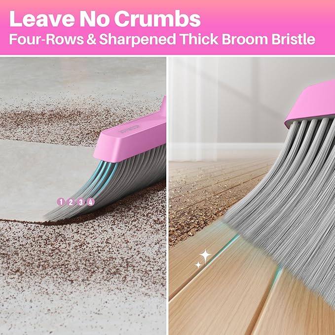 JOYMOOP Pink Broom and Dustpan Set, Upright Angle with Built-in Comb Teeth for Kitchen, Lobby, Pet Hair and Hard Floors