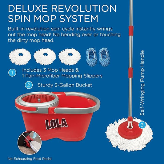 LOLA Revolution Deluxe Spin Mop & Bucket, w/ 3 Microfiber Washable Heads, 1 Pair Microfiber Mop Slippers, Fast Dry, Deep Clean Floors & Hands-Free Wringer, Easy Spin Dry, NO EXHAUSTIVE Foot Pedal