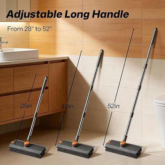 3-in-1 Floor Scrub Brush with Long Handle, Scrape and Heavy-Duty Stiff Bristle Floor Scrubber Brush with Squeegee and Tweezer for Cleaning Tile Wall Deck Bathroom Patio Garage Kitchen