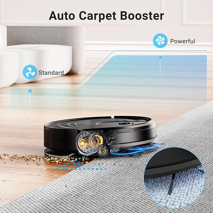 Robot Vacuum and Mop Combo, Robotic Vacuum Cleaner 5000Pa Strong Suction 130 Mins Runtime, Slim, Low Noise, Automatic Self-Charging, Wi-Fi/App/Alexa Control, Ideal for Hard Floor/Low-Pile Carpet