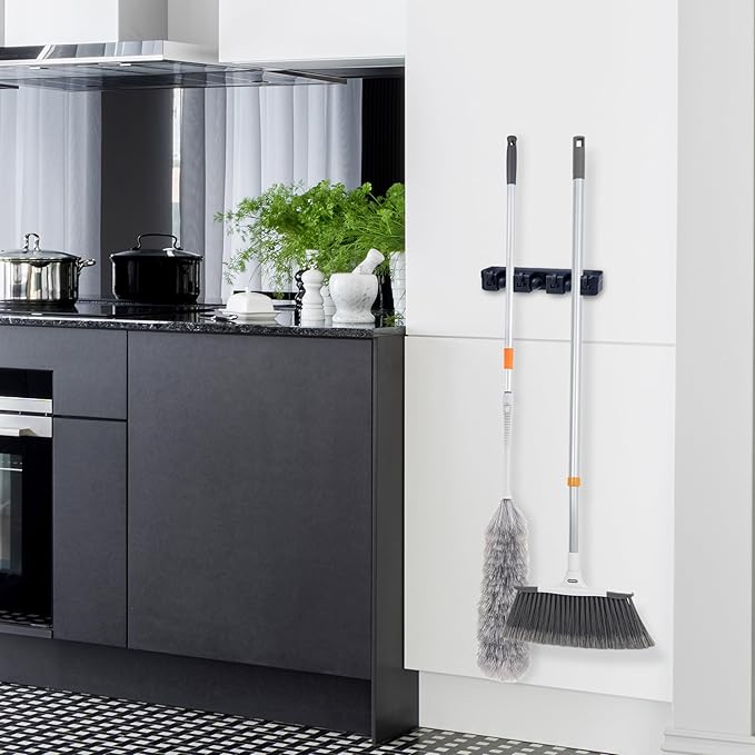 Superio Mop and Broom Holder Wall Mount Storage Organizer for Kitchen, Garage, Garden, 3 Slots (Black)