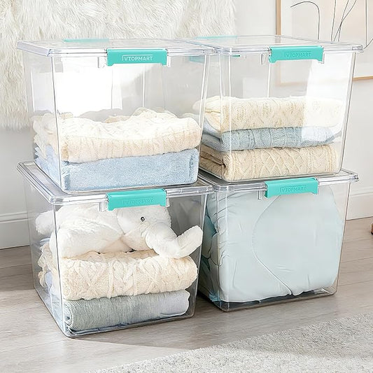 Vtopmart 4 Pack 72 QT Crystal Clear Storage Bins with Lids, 4 Pack Stackable Plastic Large Latching Boxes Totes Tubs Container for Closet Organizers and Storage, Bedroom, Clothes, Bedding