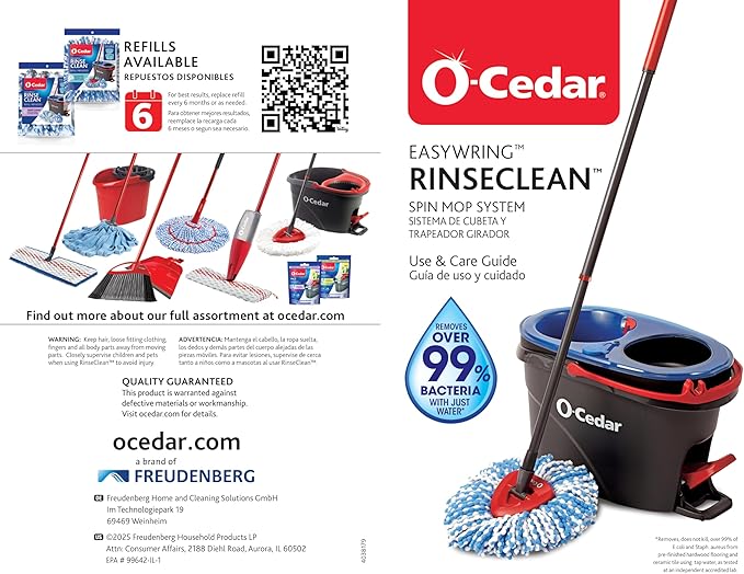 O-Cedar RinseClean Spin Mop & Bucket System + 2 Extra Mop Heads| Clean with Water | Removes 99% of Bacteria