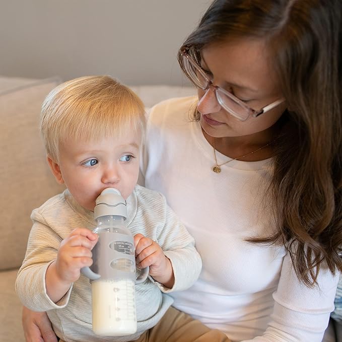 Dr. Brown's Milestones Narrow Sippy Straw Bottle, Spill-Proof with 100% Silicone Handles and Weighted Straw, 8 oz/250 mL, Blue/Gray, 6m+
