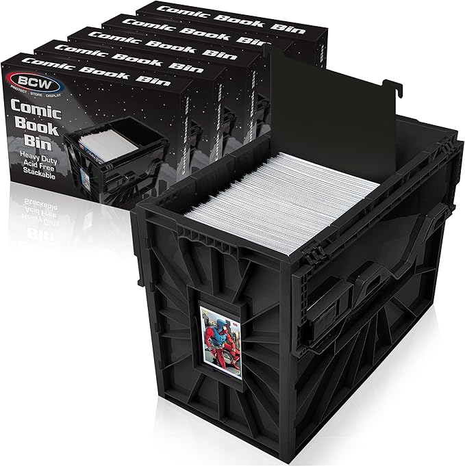 BCW Short Comic Book Bin | Holds 150 Comics | Stackable Plastic Storage | Acid-Free Organizer | Black, 5 Pack