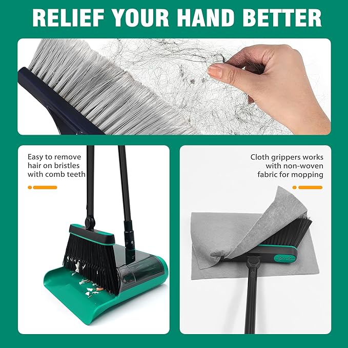 JEHONN Broom and Dust Pan, Upgraded Large Foldable Dustpan with Comb Teeth, 53.5 inches Long Handle Swivel Brush Indoor for Home Kitchen Lobby Floor Cleaning (Green)