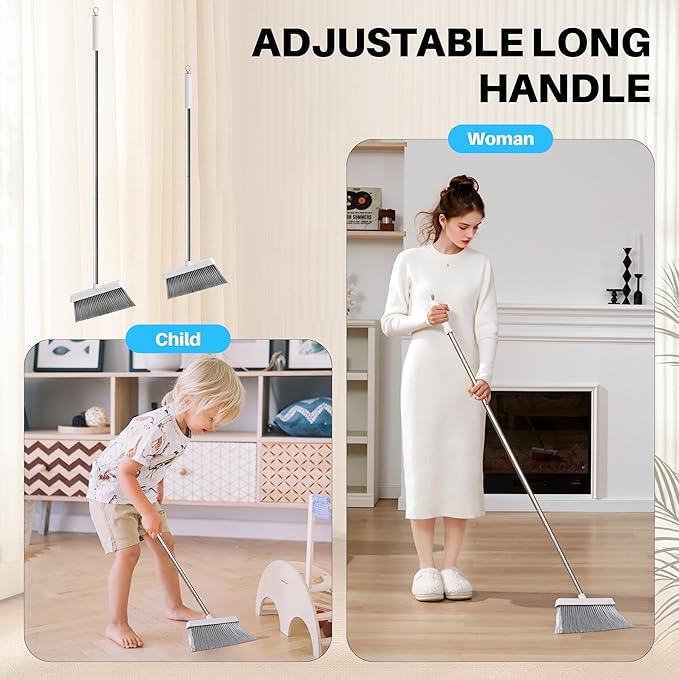 JOYMOOP 2 Pack Broom and Dustpan Set, Black and White Combo, Upright Angle with Built-in Comb Teeth for Pet Hair and Hard Floors