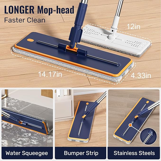 Mop and Bucket Set with Wringer, 3-Tank Flat Mop and Bucket System, Wall Mop Cleaner with Long Handle, Hands Free Mops for Floor Cleaning with 8 Microfiber Pads