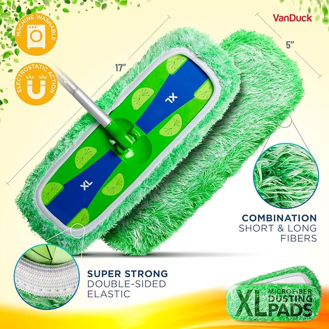 VanDuck X-Large Dust Mop Refill for Swiffer XL (2 Pack) - Microfiber Pet Heavy Duty Dry Sweeping Refills - Reusable Mop Pad