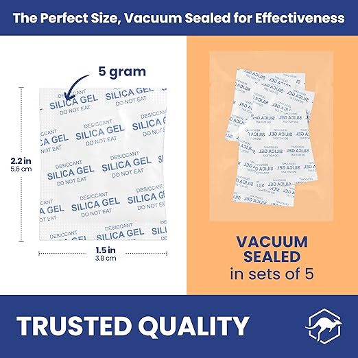 Wallaby 5 gram (100 Packets) Food Safe Pure White Silica Gel Desiccant Dehumidifier Packs - Rechargeable & Coated Moisture Absorbers - Protects Against Moisture Damage - (Packed in 20x Sets of 5)