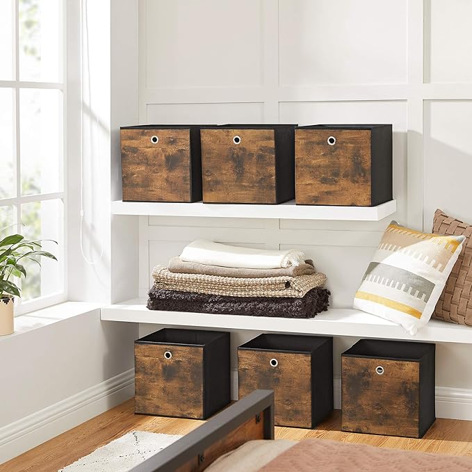 SONGMICS Storage Cubes, Set of 6 Storage Bins with Handles, Foldable Oxford Fabric and Non-Woven Fabric Storage Boxes, 11.8 x 11.8 x 11.8 Inches, Rustic Brown and Black URFB102B01