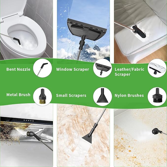 Handheld Steam Cleaner for Home, 2500W High Temperature Pressurized Machine, 1.6L Water Tank, Handle-controlled Steam Output, Portable Cleaning Steamer for Car, Bed Bugs, Furniture (Green, 16 PCS)