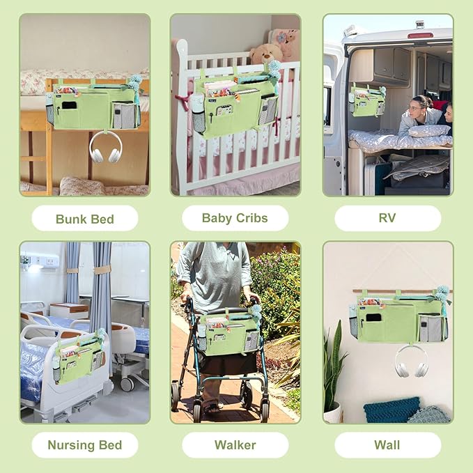 Surblue Bedside Caddy Hanging Bed Organizer Storage Bag Pocket for Bunk and Hospital Beds, College Dorm Rooms Baby Bed Rails, Camp 8 Pockets, (Large, Sage Green)