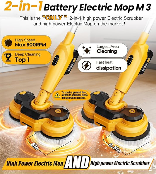 qimedo 6000mAh Battery Cordless Electric Mop M3, 800RPM Electric Power Scrubber & Mops for Floor Cleaning, Automatic Spin Mops with Smart Display,Rotating Mop with LED Light & Water Spray