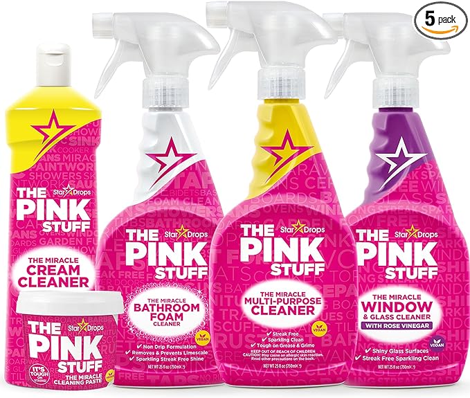 Stardrops - The Pink Stuff - The Miracle Cleaning Paste, Multi-Purpose Spray, Bathroom Foam Spray, Window & Glass Cleaner, and Cream Cleaner Bundle