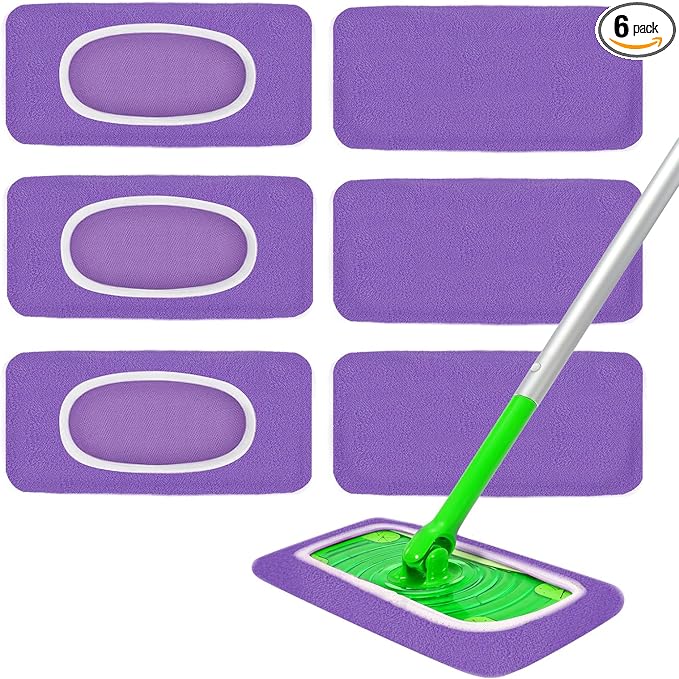 6 Pack Reusable Microfiber Mop Pads - Compatible with Sweeper, Reusable Mop Pads, Washable Dry Cloths & Wet Pads Refill for Hardwood Laminate Tile Floor Cleaning (6, Purple, M)