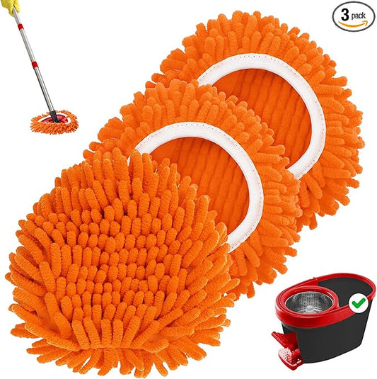 Baderke 3 Pack Chenille Mop Heads Replacements Compatible with 1 Tank System Chenille Duster Replacement Heads Microfiber Spin Mop Refill Pads Reusable Dust Refills for Floor Cleaning (Orange)