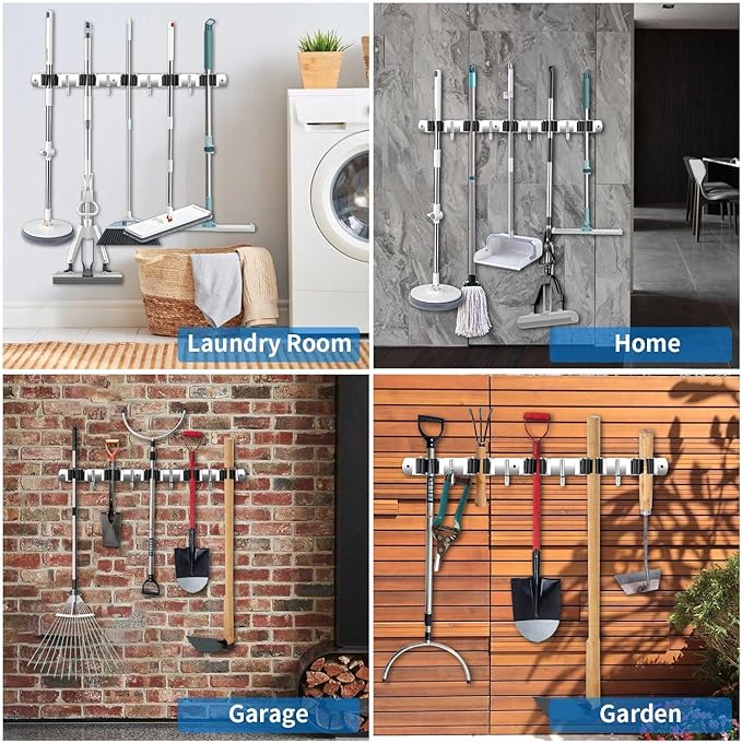 Broom Holder Wall Mount, Stainless Steel Broom Hanger Wall Mount, Heavy Duty Mop and Broom Holder Tool Racks Utility Hooks for Laundry Room Garden Garage, Grey (4 Racks and 5 Hooks)
