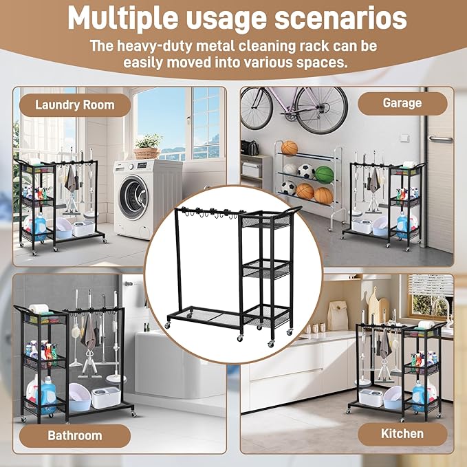 Broom Cart with Cleaning Supplie Organizer,Cleaning Cart with 8 Mop Hanger Gripper Rack Hooks 3-tier Storage Rack and 1 Large Shelf Cleaning Cart Organizer Suitable for Home and Commercial Use