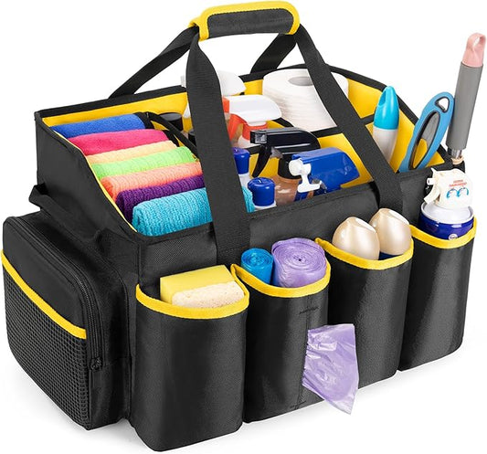 Large Cleaning Caddy Bag with Handle, Cleaning Supplies Totes for Cleaners Housekeepers, Cleaning Tool Organizer with Multiple Pockets for Car, Home and Housekeeping, Bright Yellow Inner, Black