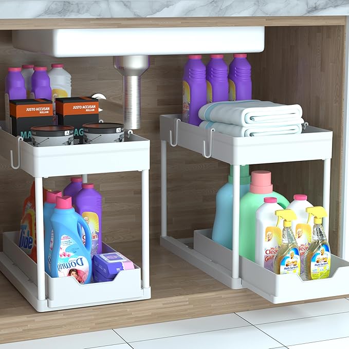 DEKAVA Cabinet, 2 Pack Under Sink Organizer, 2 Tier Sliding Bathroom Kitchen Organizer, Large White ABS Baskets, Easy Install & Clean