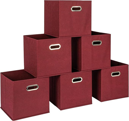 Household Essentials Foldable Fabric Storage Cubes 6-Pack – 11x11x11 Stackable Non-Woven Bins with Chipboard Sides & Grommet Handles – Closet, Shelf, Nursery, or Office Organizer – Burgundy