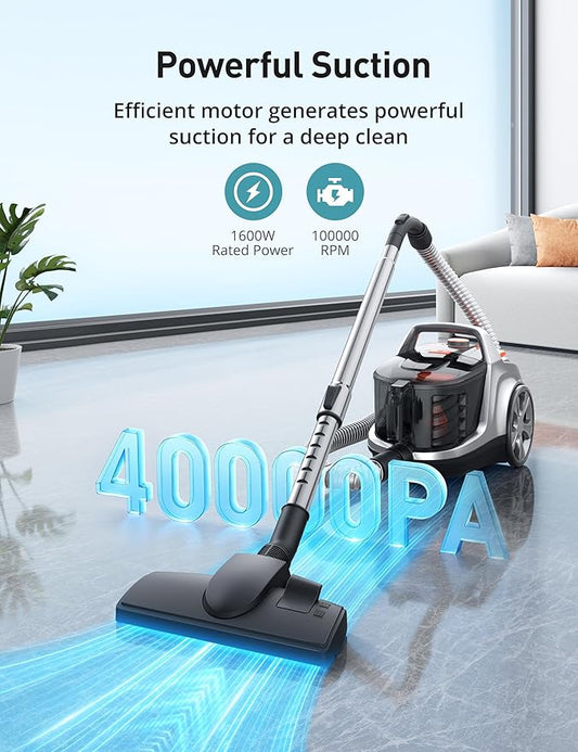 Aspiron Canister Vacuum, Upgraded 1600W Bagless Canister Vacuum Cleaner, Auto Cord Rewind, H13 HEPA Filter, 4Qt Large Capacity, 5 Tools for Hard Floors, Carpet, Pet, Upholstery, Tiles, Apricot