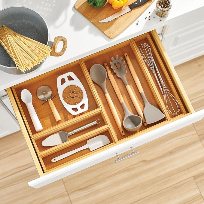 mDesign Slim Wooden Bamboo Drawer Organizer - 15" Long Stackable Storage Box Tray for Kitchen Drawers/Cabinet - Utensil, Silverware, Spatula, Flatware Holder - Echo Collection, 2 Pack, Natural Wood