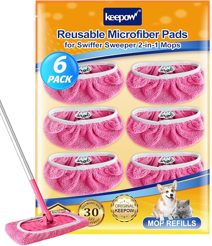 KEEPOW 6 Pack Reusable Mop Pads Compatible with Swiffer Sweeper, Coral Fleece Washable Swiffer Mop Pads, Dry & Wet Sweeping Mopping Cloths (Pink, Not Included Mop)