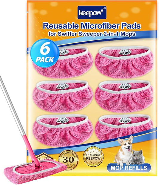 KEEPOW 6 Pack Reusable Mop Pads Compatible with Swiffer Sweeper, Coral Fleece Washable Swiffer Mop Pads, Dry & Wet Sweeping Mopping Cloths (Pink, Not Included Mop)