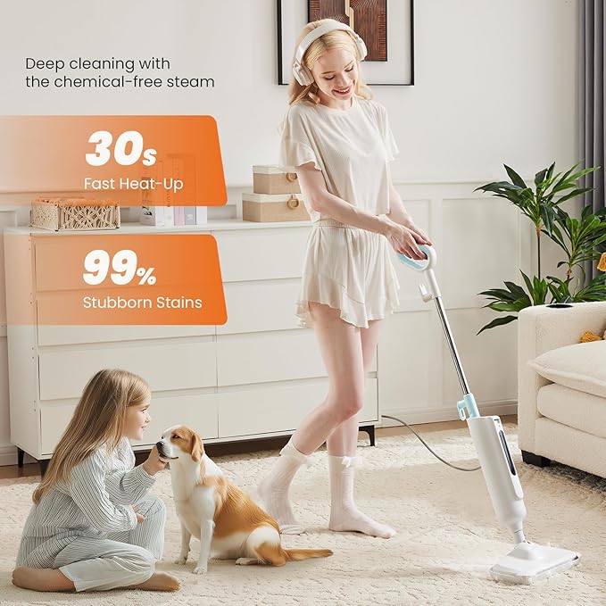 Sweetcrispy Steam Mop for Floor Cleaning,Lightweight Floor Steamer Cleaner for Hardwood/Tile/Laminate Floors Carpet, 2 Washable Pad, White and Green