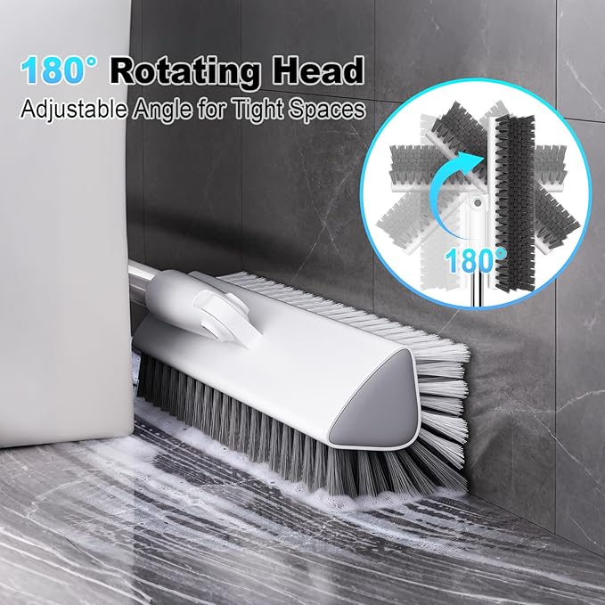 Floor Scrub Brush with Long Handle, Heavy-Duty Stiff Bristles, V-Shape Floor Scrubber Brush for Tile, Concrete & Grout Lines, Stand-Up Cleaning for Garage, Bathroom, Deck & Patio