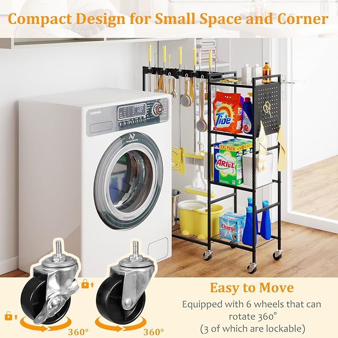 46" H Broom Holder with Cleaning Supplies Organizer, Mop Rack Storage with 4-Tier Shelves, 10 Gripper Clips, 4 Double-Hooks, 3 Hooks, Metal Utility Carts on Wheels for Home Essentials, Black