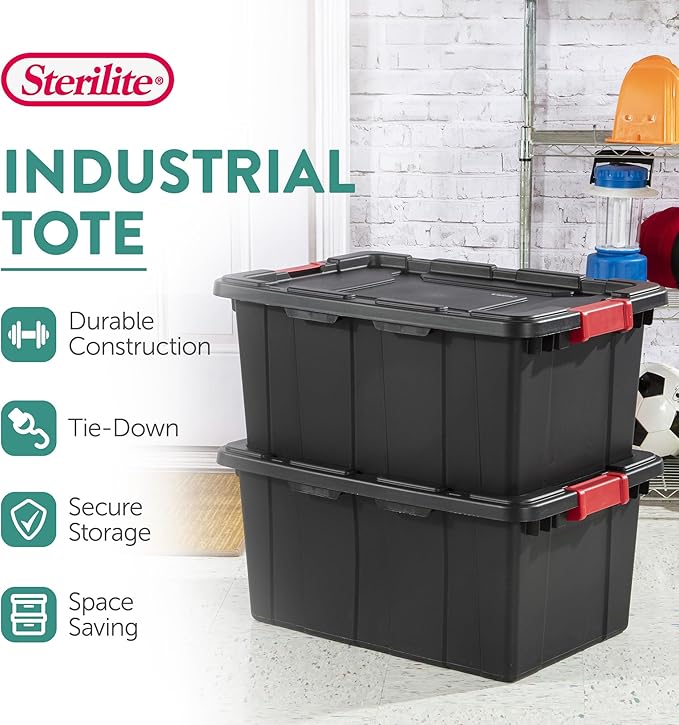 Sterilite 6-Pack Industrial Tote, Plastic Storage Bins with Lids, 15 Gallon, Black - Heavy-Duty Organizing Containers for Closet, Bathroom, and Office