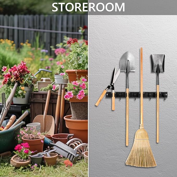 YA MI Mop holder, broom holder, stainless steel wall hanging tool storage device with 4 hooks in 4 positions, suitable for home bathrooms, kitchens, and gardens