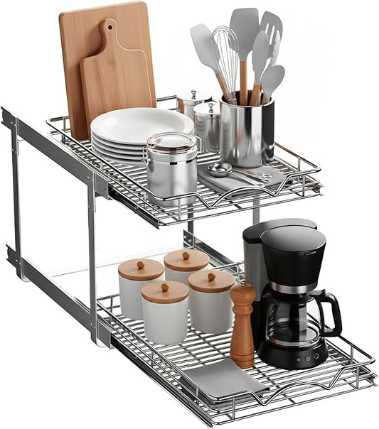 HOLDN’ STORAGE Two Tier Pull Out Cabinet Organizer, Individual Sliding Drawers - Heavy Duty Metal with Lifetime Limited Warranty - Anti Rust Chrome Finish - 15" W x 21”D x 16.5" H