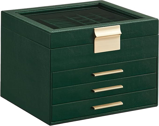 SONGMICS GISELLA Collection - Jewelry Box Organizer, 4-Layer Jewelry Storage with 3 Drawers, Shiny Metal Hardware, Glass Lid, Modern, 8 x 9.1 x 6.5 Inches, Forest Green and Gold Color UJBC173C01