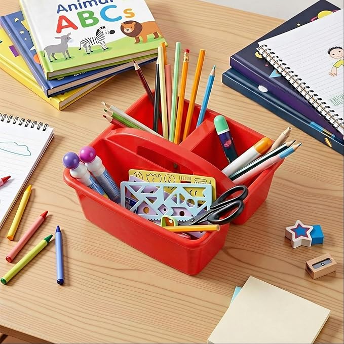 Kathfly 12 Pack Caddy Organizer with Handle, Stackable Organization Storage, Small Plastic Basket Classroom Caddy for Table Desk Office Pencil Kids Room Craft Art Teacher School Supplies (Blue Red)