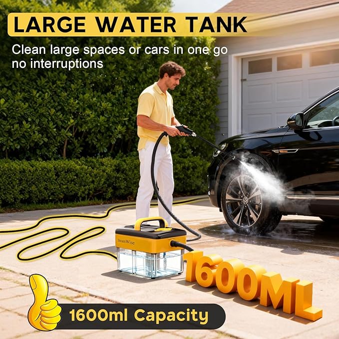 10S Fast Heating Heavy Duty Steam Cleaner 7 Adjustable Levels, 1.6 Quarts Tank, Continuous Spray, Natural Deep Cleaner, Portable Handheld Steamer with 15 Accessories for Home, Car, Tile (Yellow)