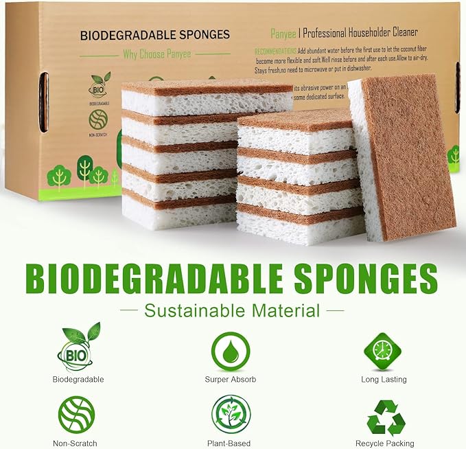 Biodegradable Natural Kitchen Sponge，Eco Friendly Sponges for Dishes,Compostable Cellulose Sponge with Natural Plant Based Coconut Walnut Sustainable Scrubber Pack of 12