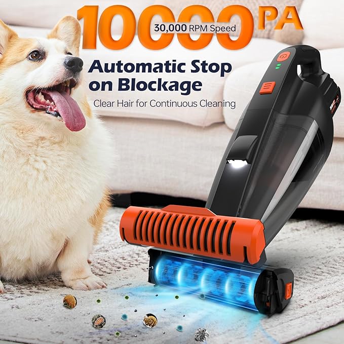 Pet Hair Vacuum, Handheld Vacuum Cordless Rechargeable with LED, 10000Pa Suction, 20V Lightweight Portable Hand Vacuum with Multi-Nozzles & Washable HEPA Filter for Pet Hair, Car and Home