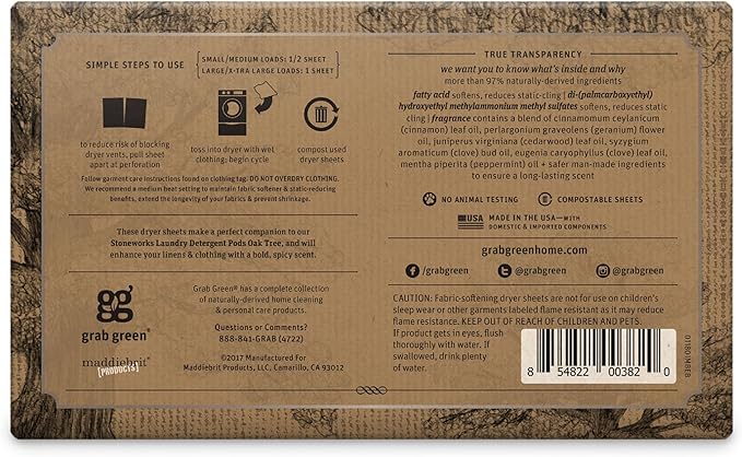 Grab Green Stoneworks Cruelty-Free Dryer Sheets | Softens Fabrics, Freshens Clothing & Reduces Static-Cling and Wrinkles | Plant Based | Oak Tree Scent (80 Sheets) (Pack of 2)