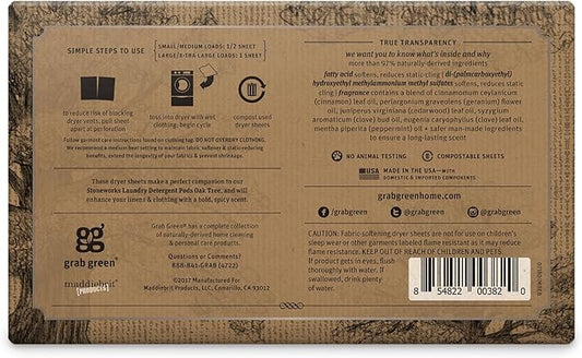 Grab Green Stoneworks Cruelty-Free Dryer Sheets | Softens Fabrics, Freshens Clothing & Reduces Static-Cling and Wrinkles | Plant Based | Oak Tree Scent (80 Sheets) (Pack of 2)