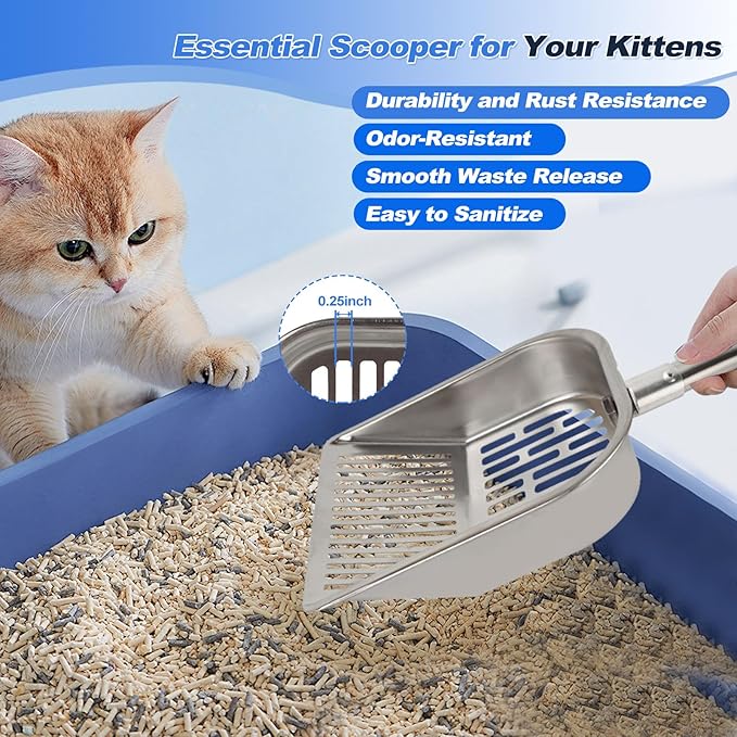 Cat Litter Scoop Metal Mesh, Kitty Scooper for Litter Box Cleaning Speed Sifting, Chicken Poop Scooper for Sand, Litter Sifter Shovel, Dog Coop Pooper Scooper -Stainless Steel Long Handle