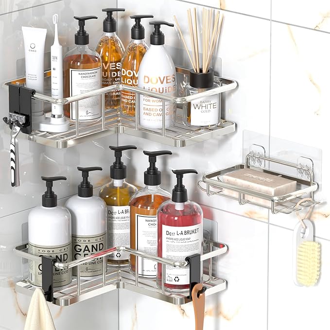YASONIC Corner Shower Caddy Organizer, Self-Adhesive Rustproof Bath Shelves with Soap Holder & 4 Hooks, Large Capacity Shower Storage Rack for Bathroom Organization, (3Pack, Silver)